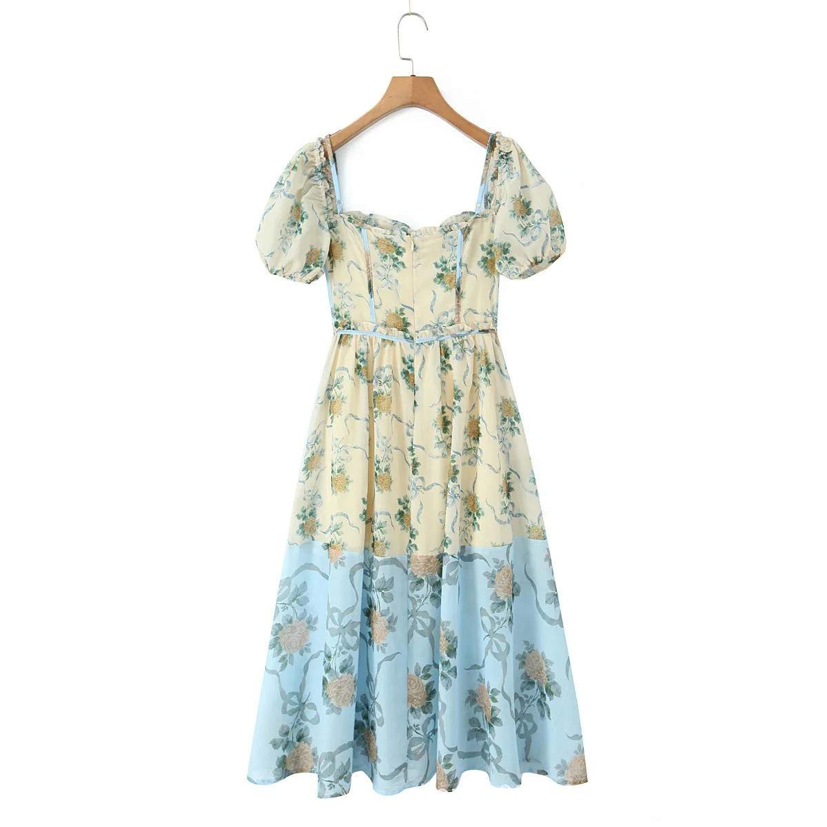Abito francese bohémien retrò con stampa romantica patchwork con maniche a sbuffo che raccoglie la vita e dimagrisce, elegante abito lungo da vacanza