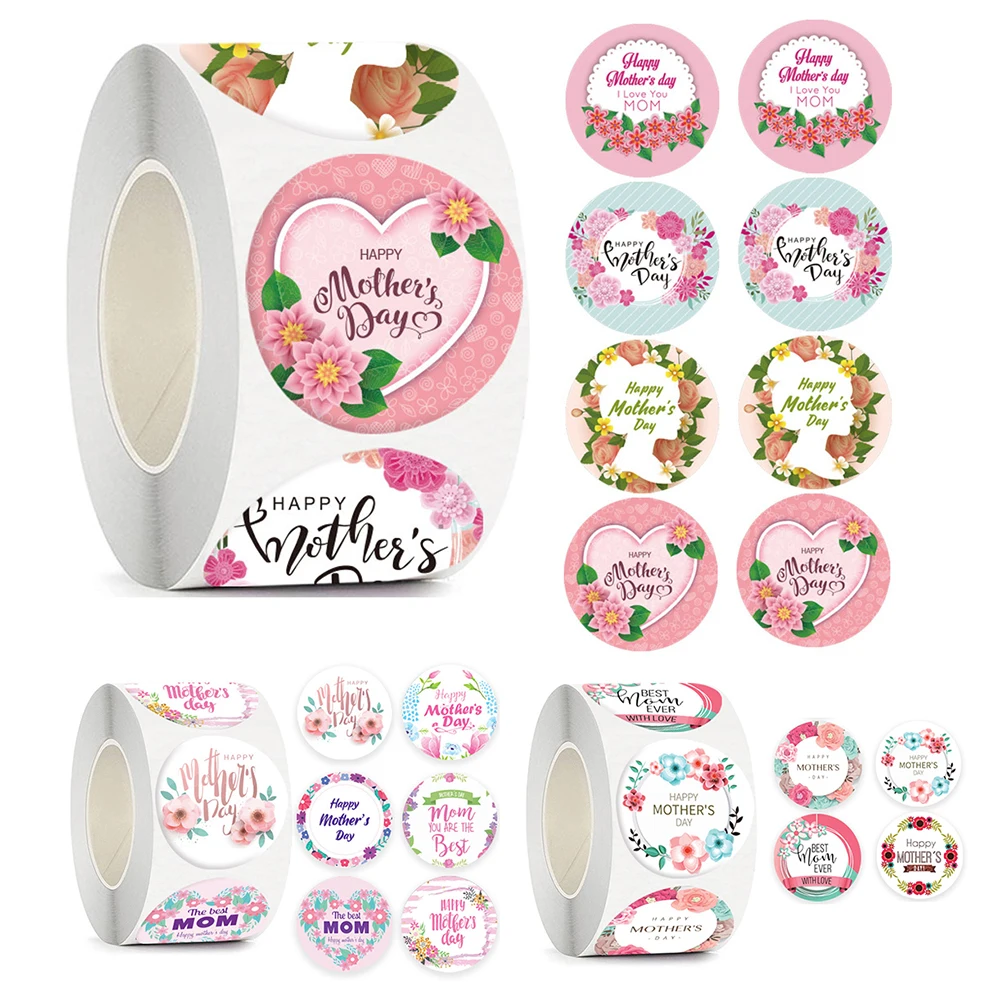 

500Pcs Happy Mother's Day Stickers Round Floral Self-Adhesive Thank You Stickers for Gift Envelope Wrapping Boxes Party Favors