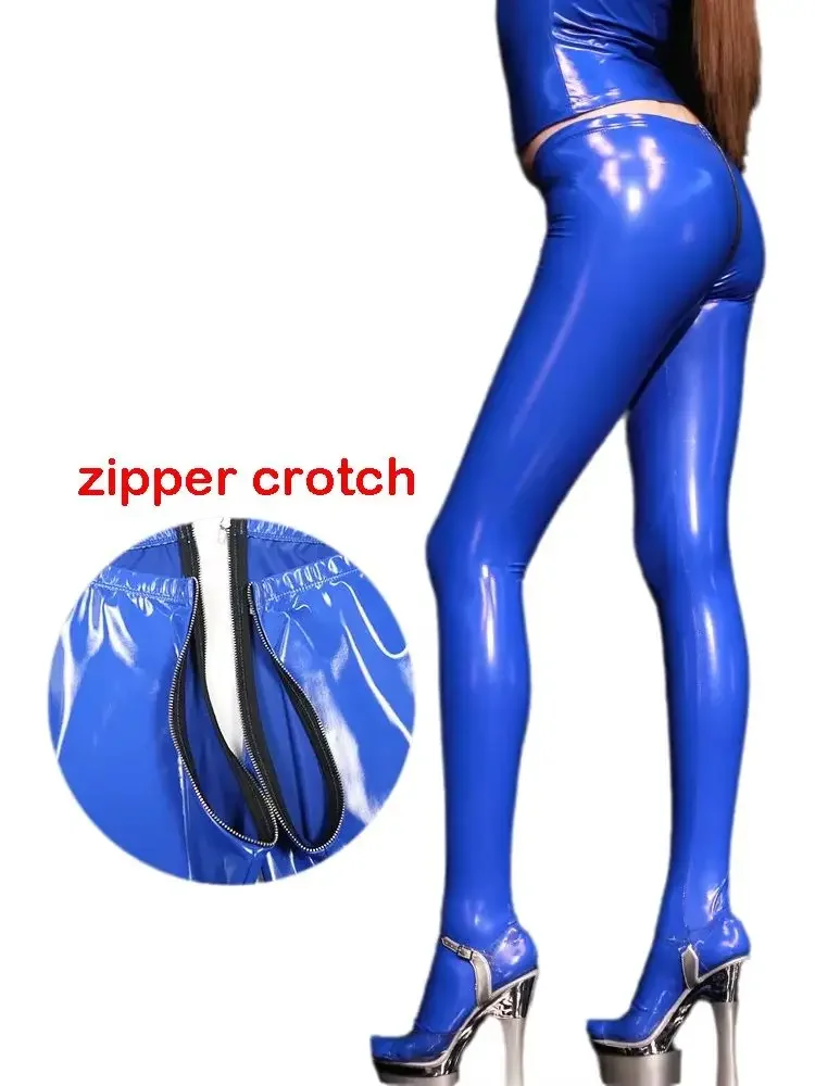 Plus Women PU Pants Wet Look PVC Pantyhose Shiny PU Leather Zipper Crotch Leggings Tights Low Waist Maid Pants