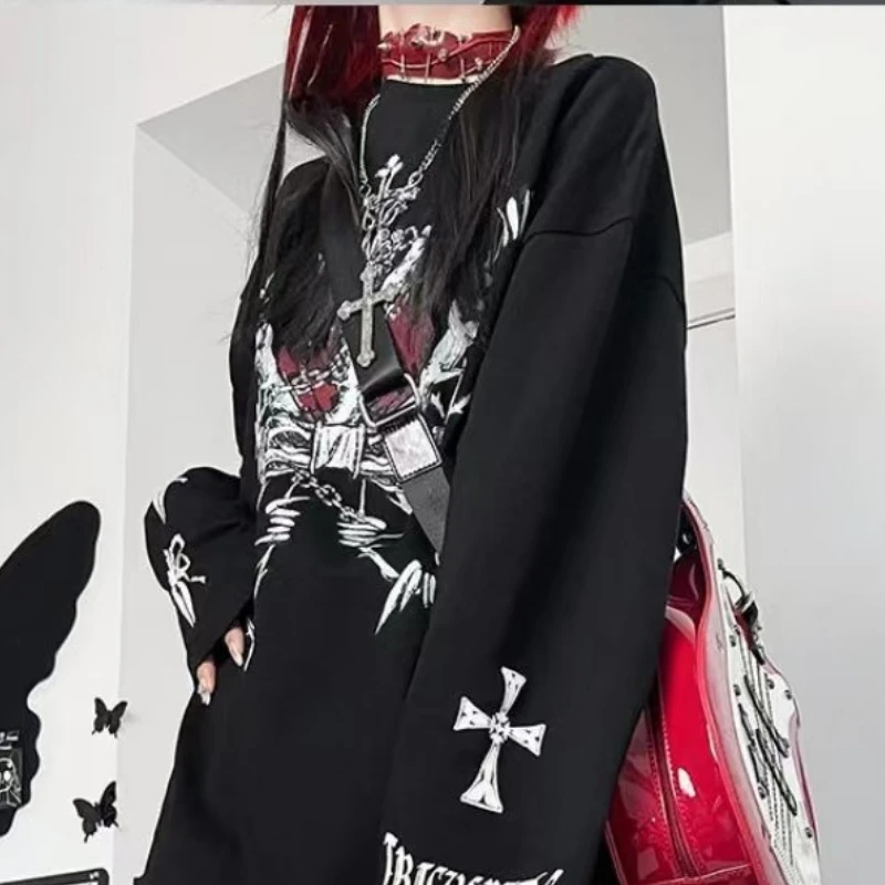 Subculture Japanese Gothic Print Punk Y2k T-shirt Women Loose Grunge T-shirt Aesthetics Tees Harajuku Kawaii Shirts Black Tops