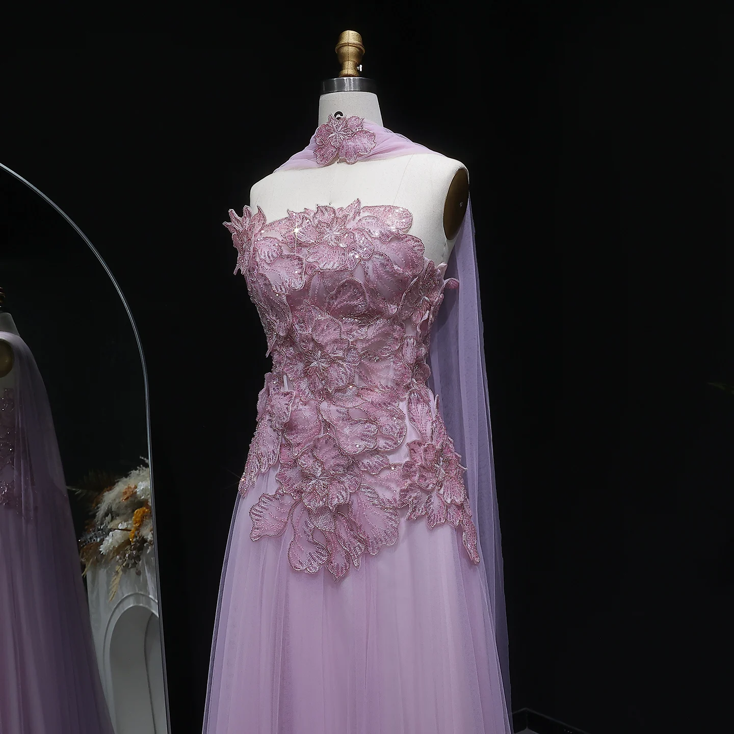 Sharon Said Atemberaubendes Abendkleid mit rosa Tüllblumen-Applikationen 2026 Luxuriöses Damen-Abendkleid für formelle Anlässe SS239 Maßanfertigung – Detail 9