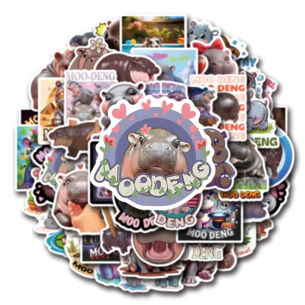 50PCS Moo Deng Stickers Hippo Cartoon Animal Sticker Scrapbook Luggage Laptop Guitar Decor Kawaii Hippopotamus Stickers