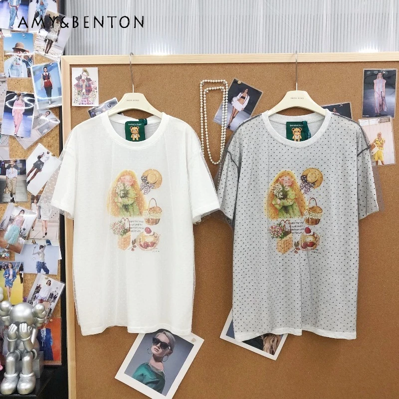 

Korean Style Y2k Tshirt Fashionable Versatile Handmade Beaded Character Print Loose Fit Slimming Short Sleeved T-shirt For Women