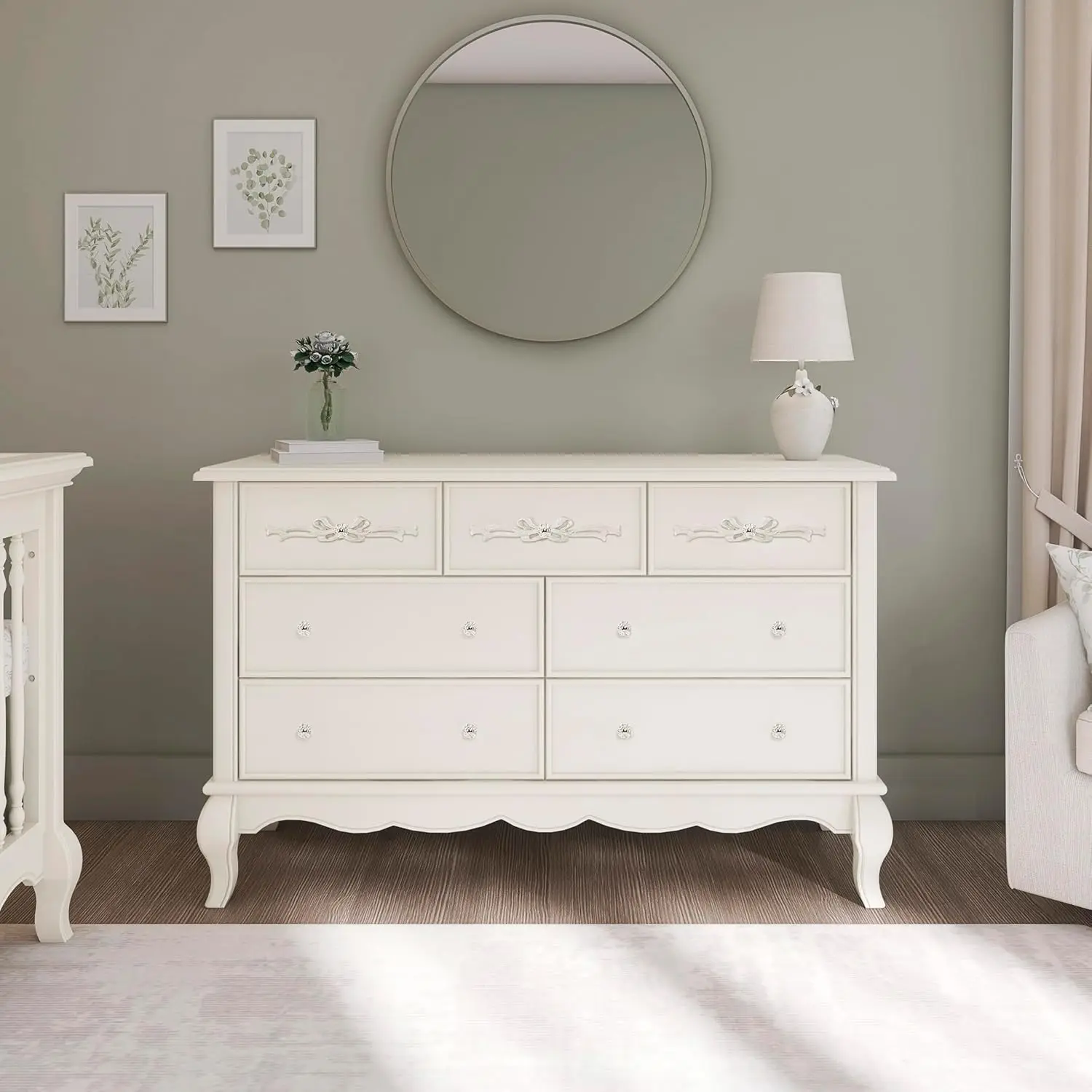 

7-Drawer Nursery Dresser – Ivory Lace | with Crystal Knobs, Queen Anne Legs,Assembled Double Dresser