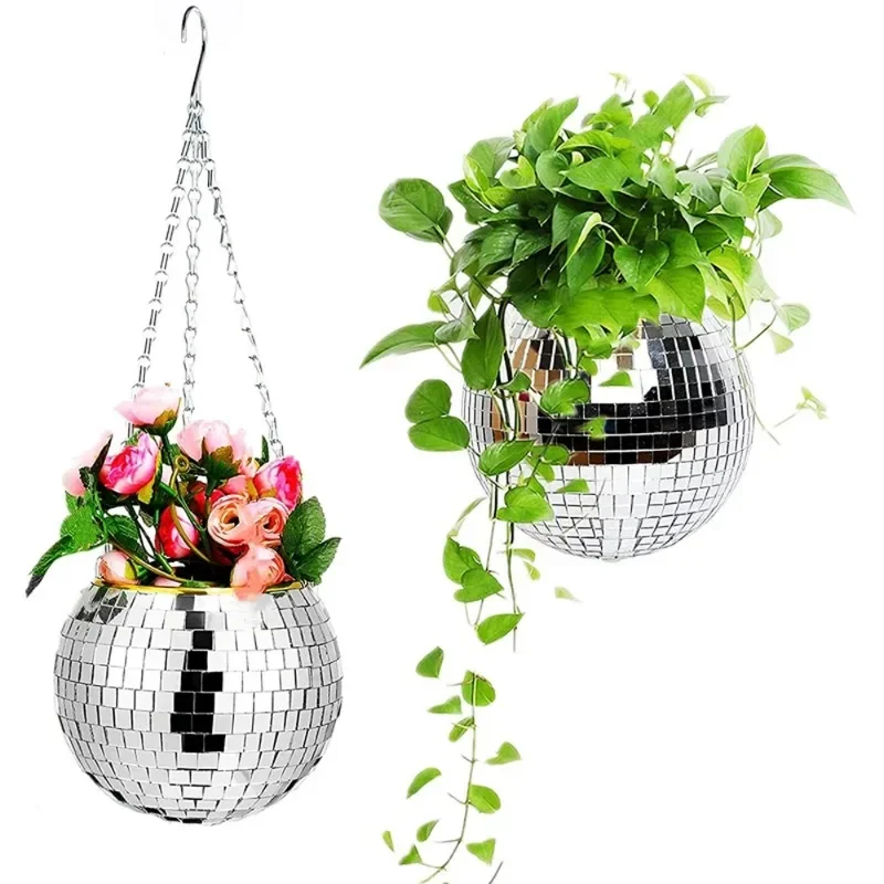 Disco Ball Shape Hanging Flower Pot, Creative Mirror Sequined Spherical Flowerpot, Plant Flower Basket, Vase, Home Decor