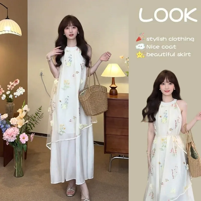 

Holiday Style Embroidered Dress for Women's Summer O-neck Sleeveless Loose A-line Long Dress Fashion Female Clothes