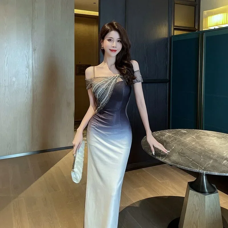 No. 65 Evening dress sexy new dress high-end one-shoulder long style temperament technician long dress gradient color