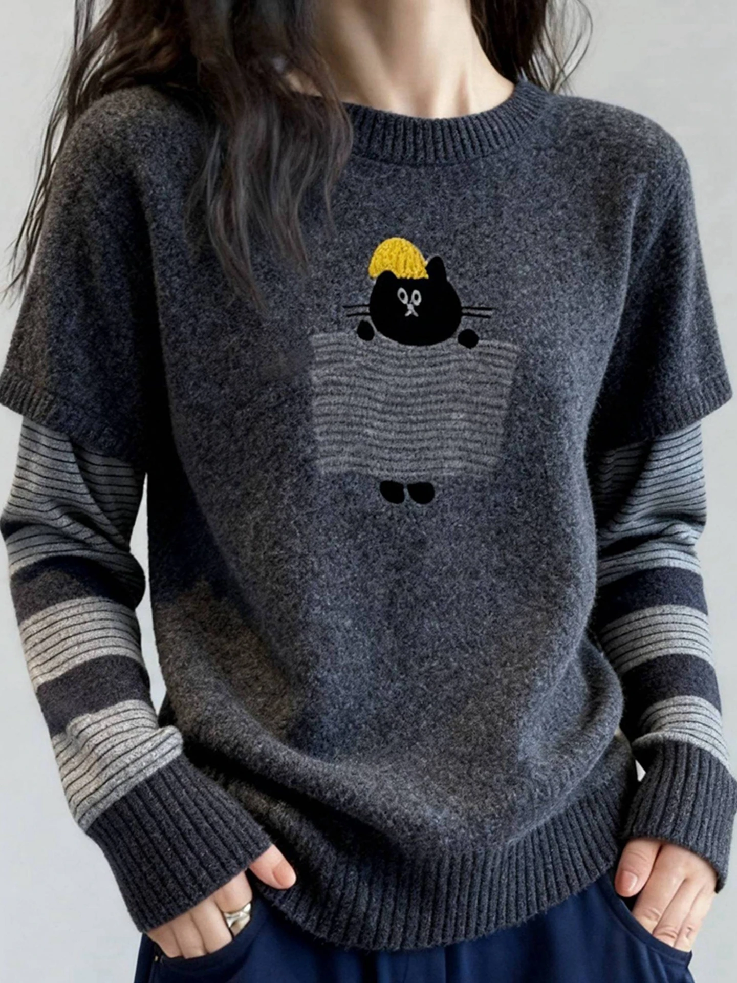 เสื้อสเวตเตอร์ไหมพรมทรงเกาหลี แขนยาว ดีไซน์สองชิ้นหลอกๆ สำหรับผู้หญิง เรียบง่าย ช่วยให้ดูผอมเพรียว เหมาะสำหรับใส่ไปทำงานในฤดูหนาว