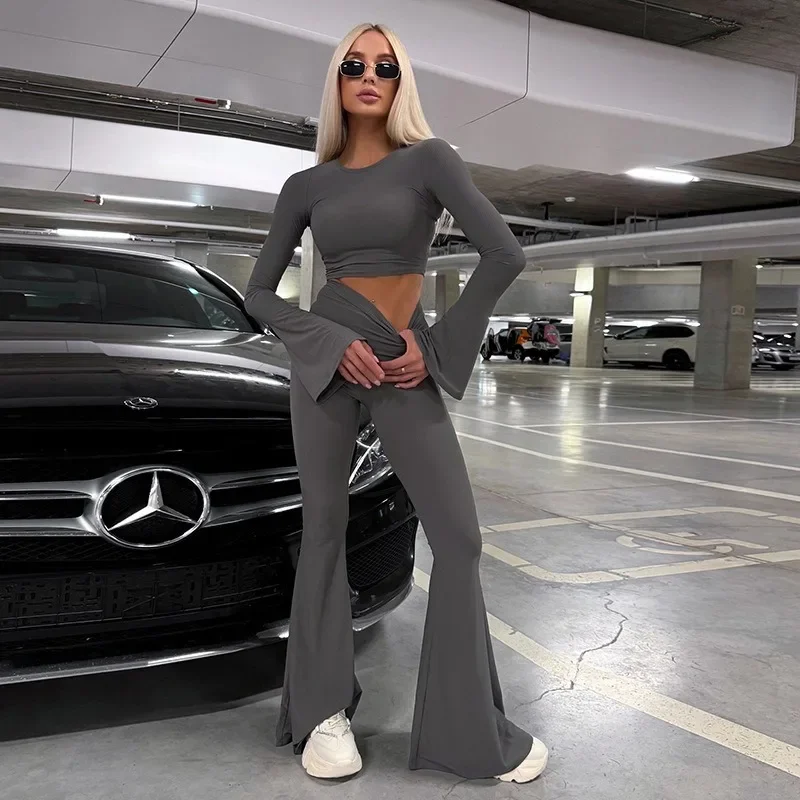 

2024 Autumn Solid Ribbed Slim Casual 2 Piece Set Women O Neck Full Sleeve Crop Top High Waist Flare Pants Street Jogger Outfits