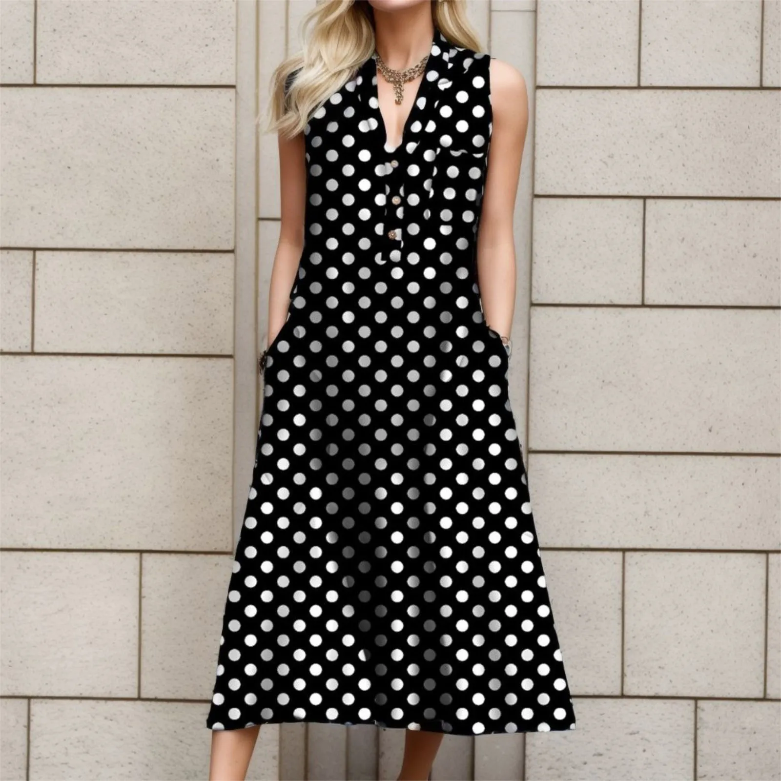 

Elegant Dot Printed Tank Dress Women Summer V Neck Sleeveless Pocket Button Maxi Dress 2024 Pullovers Female Loose Fit Dresses