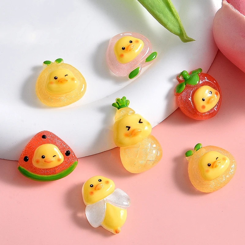 20pcs Jelly Fruits Resin Ornament Accessory Cute Yellow Duck Watermelon Flatback Cabochons Embellishments for Scrapbooking Craft