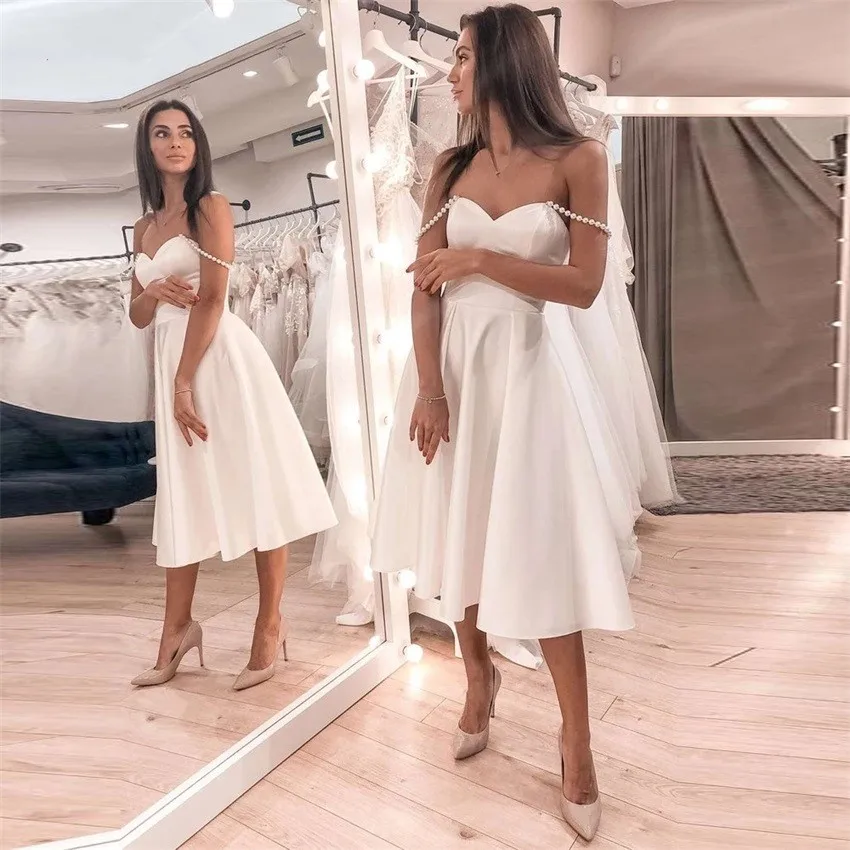 Sexy Short Satin Wedding Dresses A-Line Off the Shoulder Pearls Ruched Corset Bridal Dress Tea-Length vestidos para mujer