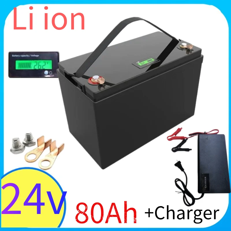 

24V 80Ah Li-ion Lithium Battery Pack Deep Cycle 2000 Cycles for Solar System Inverter RV Motorhome Boat with 10A Charger