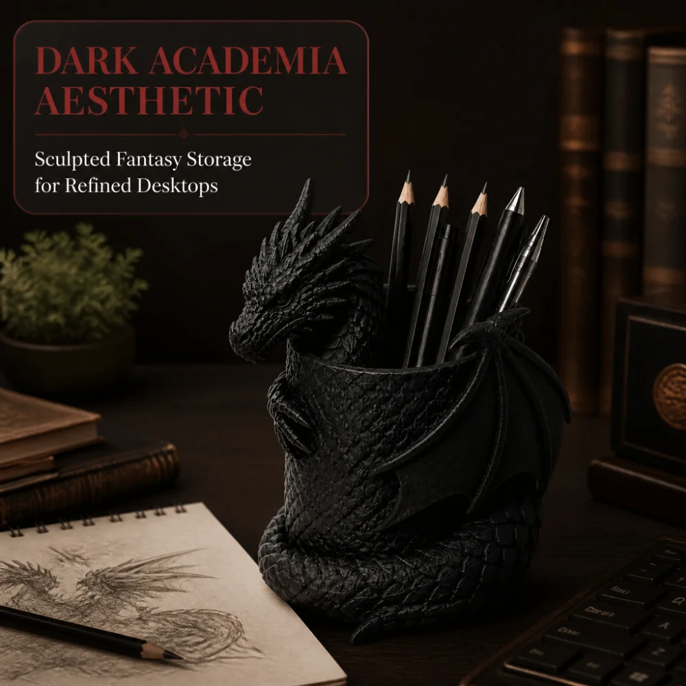 3D Printed Dragon Pen Holder Statue Fantasy Dragon Realistic Dragon Head Storage Holder Gothic Black Dark Style Desk Organizer