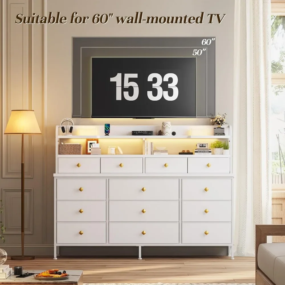 Cômoda com 13 gavetas e luzes LED, cômodas e cômodas longas, gaveta e prateleiras de tecido, cômoda de quarto