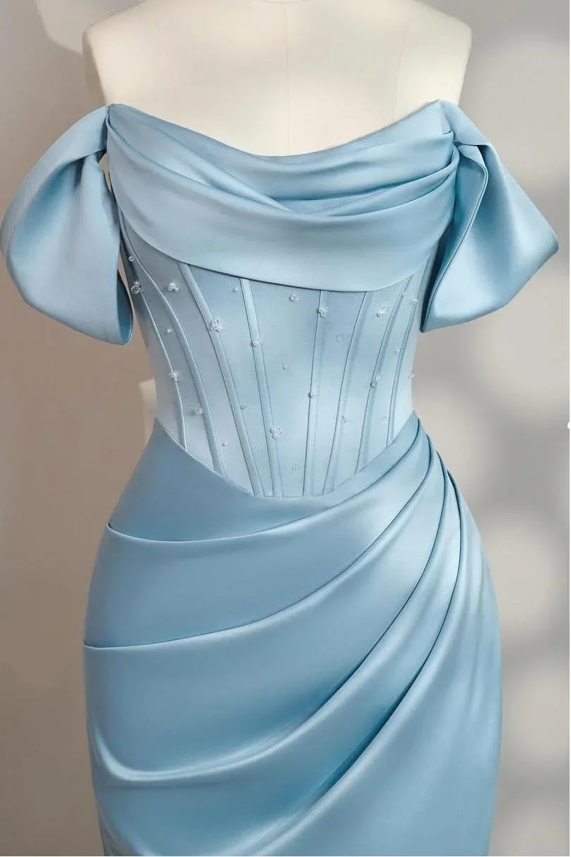 فساتين حفلات نسائية من CUYUN باللون الأزرق السماوي حورية البحر من الساتان مناسبة رسمية مكشوفة الكتف فستان طويل مطوي مخصص للحفلات الراقصة مع فيونكة