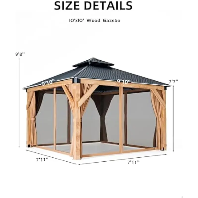 Sturdy Cedar Gazebo 10x10 ft with Dual-Layer Metal Roof Waterproof Coverage Mesh Panels Adjustable Curtains Weather-Resistant Fr