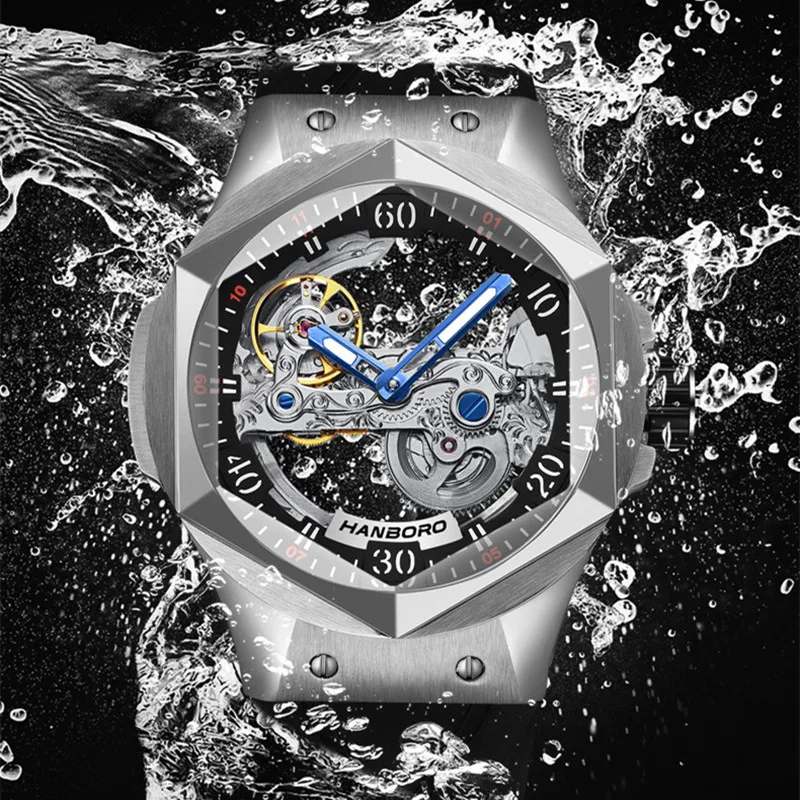 Reloj Hombre HANBORO Mechanical Watches for Men Brand Luxury Skeleton Automatic Movement Wrist Watch 50M Waterproof Montre Homme