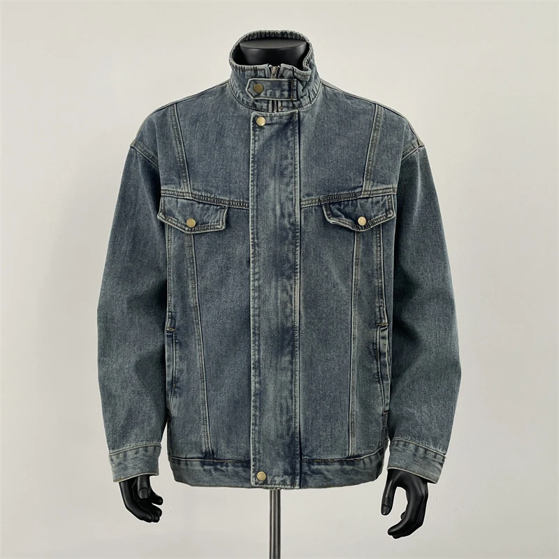 

American Vintage Workwear Denim Jacket for Men Spring Casual Oversized Stand Collar Biker Jacket Heavy Duty Washed Outerwear