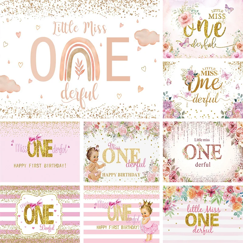 Little Miss Onederful Birthday Backdrop First Birthday Girl Party 1 Year Decoration Banner Flowers Rose Boho Rainbow Backgrounds