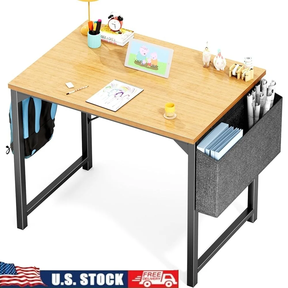 

Small Office Desk 32 Inch Writing Study Table with Storage Bag Headphone Hooks Home Modern Wood Kids Student Workstation