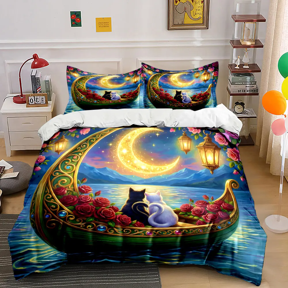 Romantic moonlit boat with cats Pattern Duvet Cover Set Digital Print Colorful Polyester Bedding with Zipper Closur for gifts