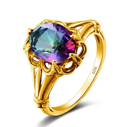 Luxury Yellow Gold Mystic Topaz Ring With Stone Oval 8*10mm Women Jewelry Handmade High Quality Gemstones Birthday Gift Trending