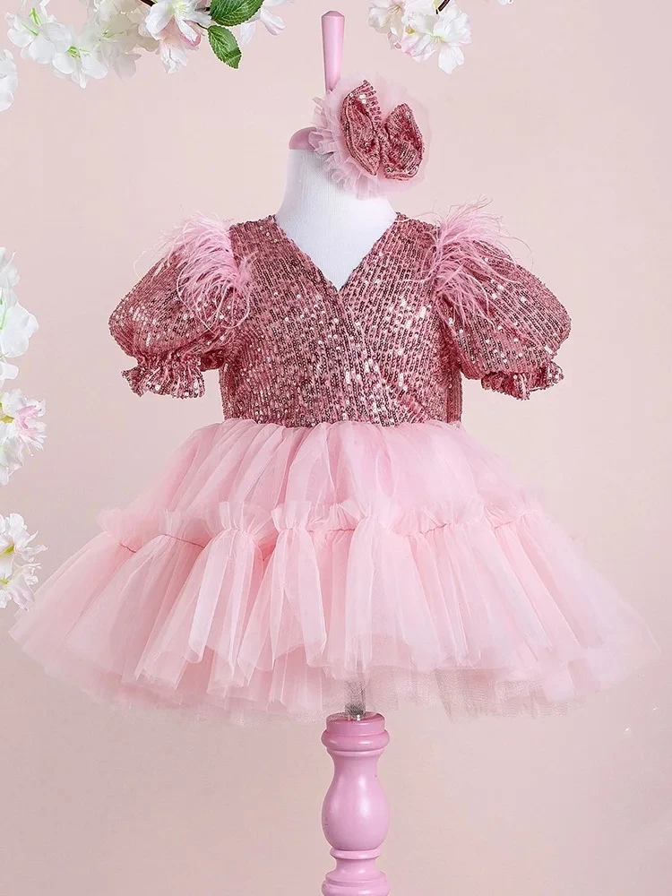 Vestido fantasia de lantejoulas para bebês recém-nascidos, vestido florido infantil, festa de aniversário, batismo