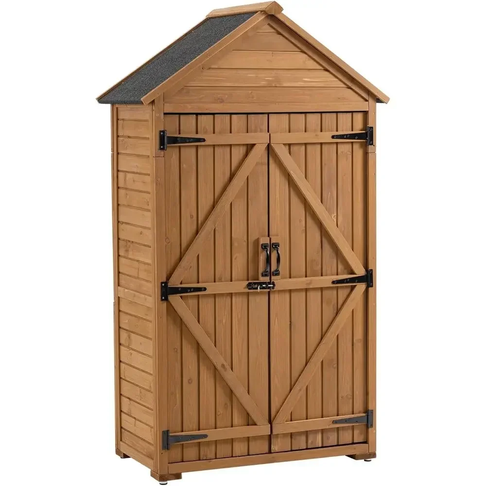 

Outdoor Wooden Storage Cabinet with 3 Detachable Shelves, Waterproof, Ideal for Garden Tools and Yard Accessories (Natural)