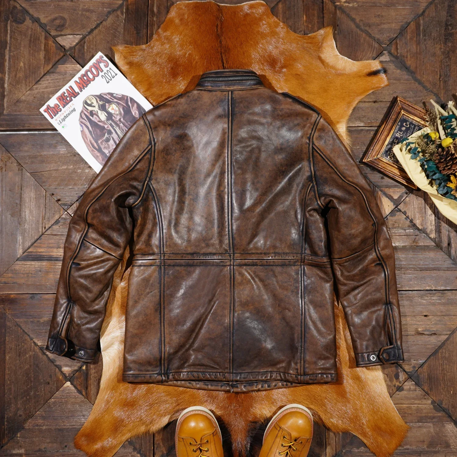 Tailor Brando  Heavyweight 1.5MM Classic M65 Tea Core Vegetable Tanned Cowhide Genuine Leather Jacket