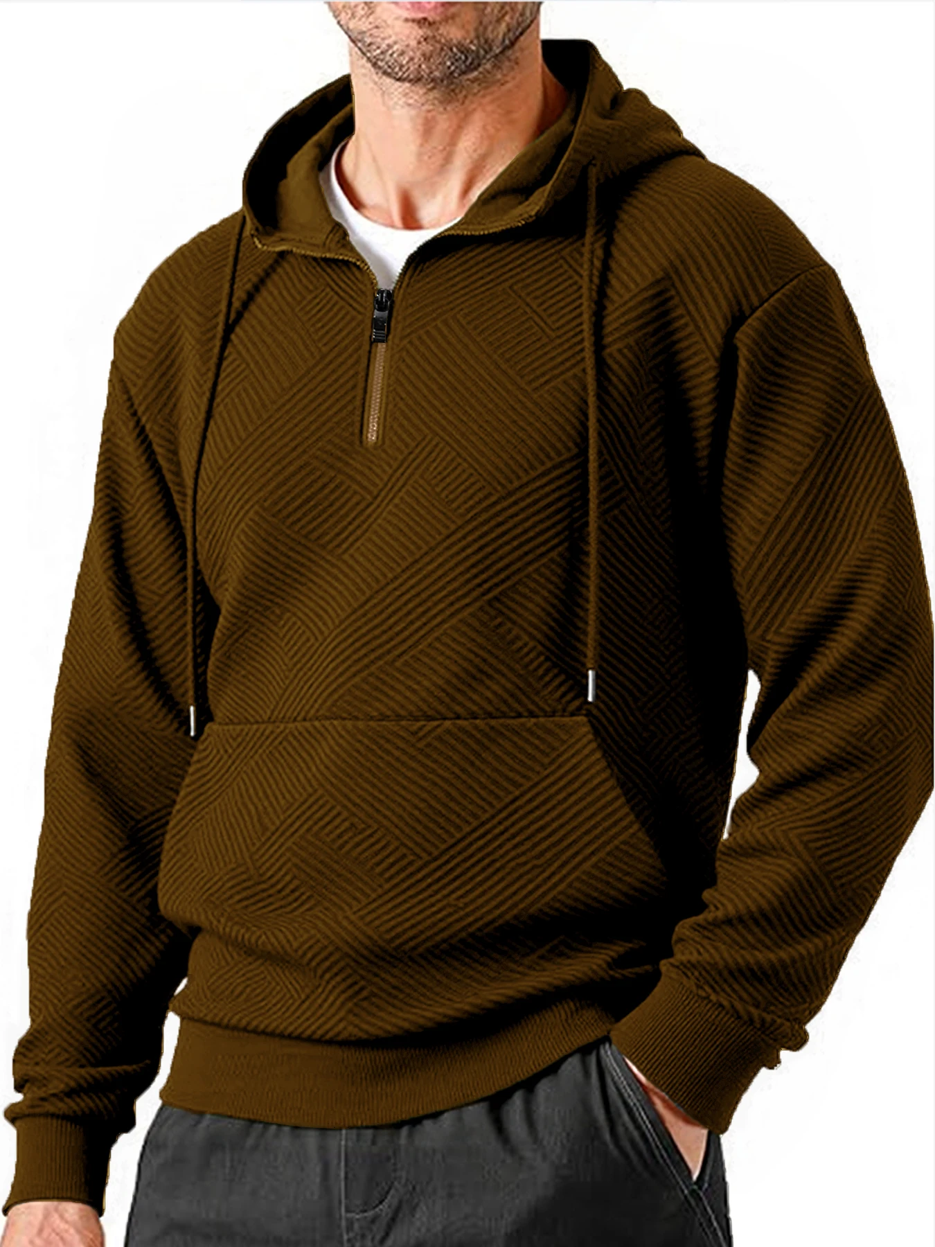 Autumn Winter Men Embossed Quarter Zip Hoodie Pullover Sweatshirt Drawstring Hood Kangaroo Pocket Daily Casual Wear