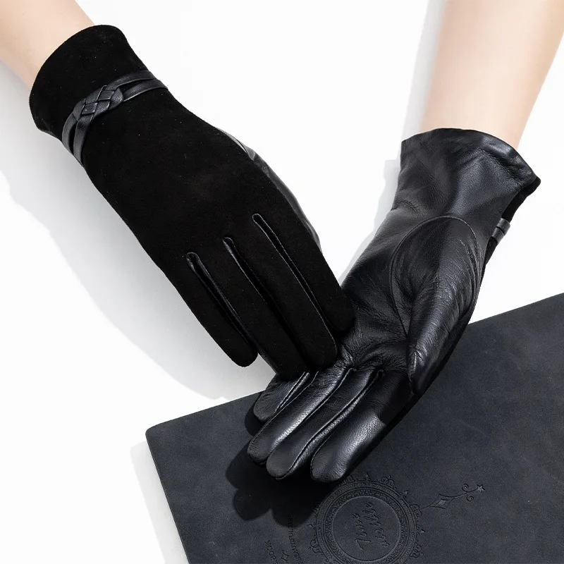 

Women's Sheepskin Driving Gloves Patchwork Faux Cashmere Winter Warm Soft and Comfortable Touch Screen Riding Glove