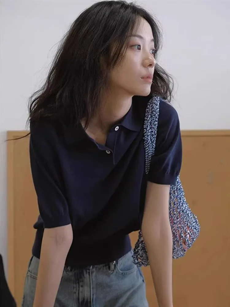 เสื้อไหมน้ำแข็งถักลายดีไซน์เฉพาะตัว แขนสั้น ทรงเกาหลี แฟชั่นฤดูร้อนสำหรับผู้หญิง ผ้าบางเบา ใส่สบาย