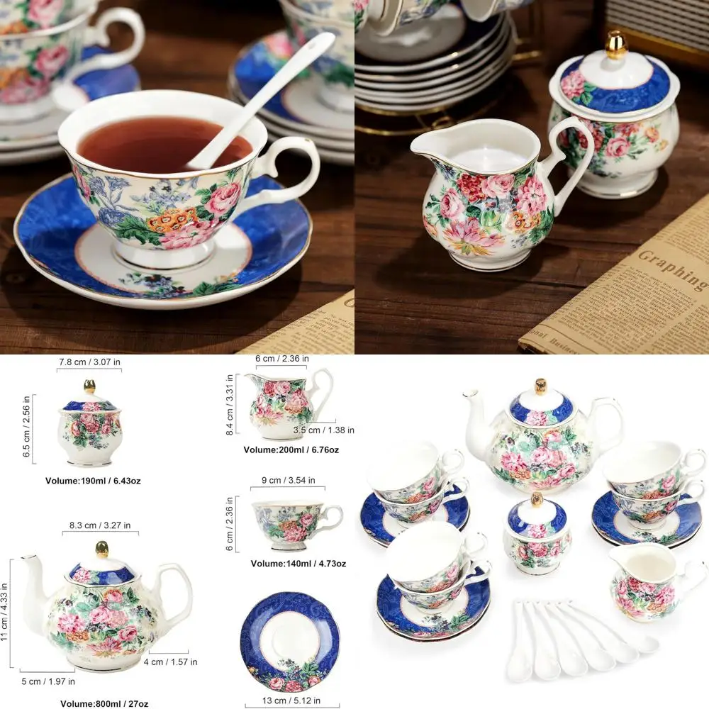 

Синий фарфоровый чайный сервиз на 6 штук, китайская кофейная чашка и блюдце с розовым цветочным дизайном для взрослых