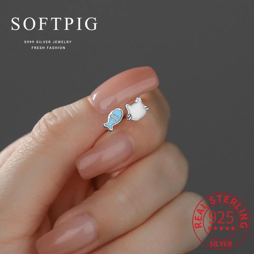 

SOFTPIG Real 925 Sterling Silver Cat Fish Asymmetry Mini Stud Earrings for Women Party Cute Fine Jewelry Animal Accessories