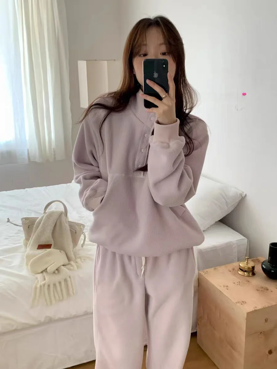 

Мягкий женский комплект Fce, широкие брюки, длинный свитшот с высокой талией, повседневный термобелье из двух предметов, однотонный, Dongda Gate