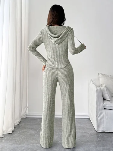 Imagen 2 del producto Conjunto informal de moda para mujer, Top con capucha y cremallera de Color sólido y pantalones acampanados sueltos, traje cómodo de estilo informal