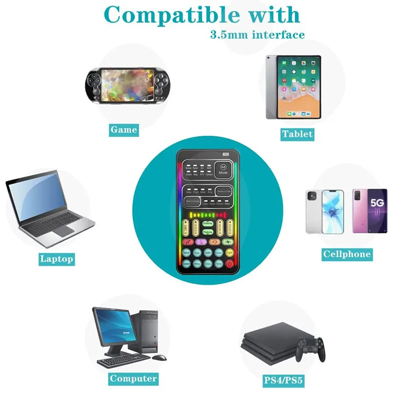 Live Sound Card Mini Efeito Áudio Portátil Voice Changer Telefone PC Tablet Speaker Device 8 Sound Changes Karaoke Tool