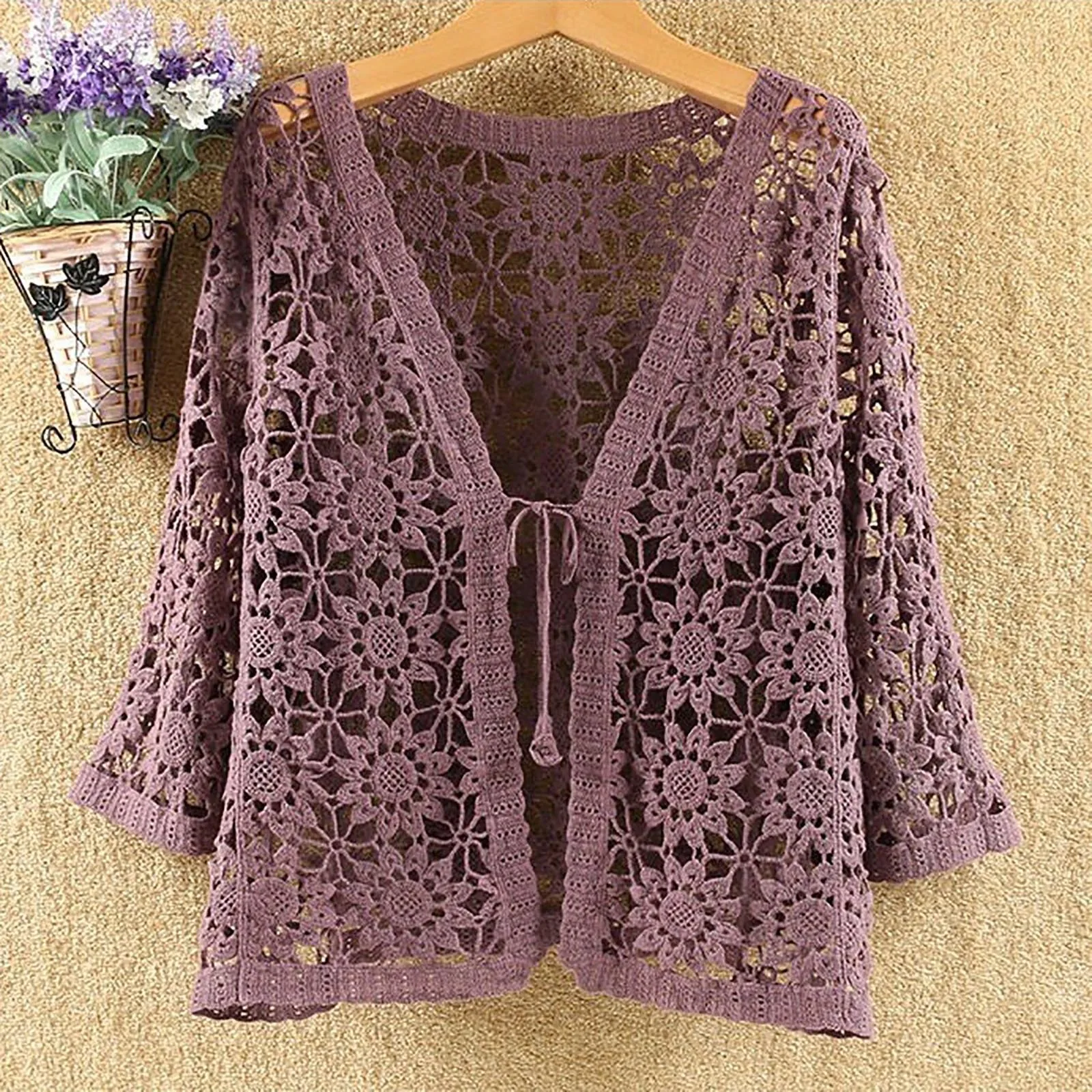 Women\'s New Cardigan Women\'s V-Neck 3/4 Sleeve Crochet Lace Openwork Blouse Korean Shirt Versatile Jacket Front Tie Cardigan