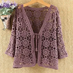 Women's New Cardigan Women's V-Neck 3/4 Sleeve Crochet Lace Openwork Blouse Korean Shirt Versatile Jacket Front Tie Cardigan