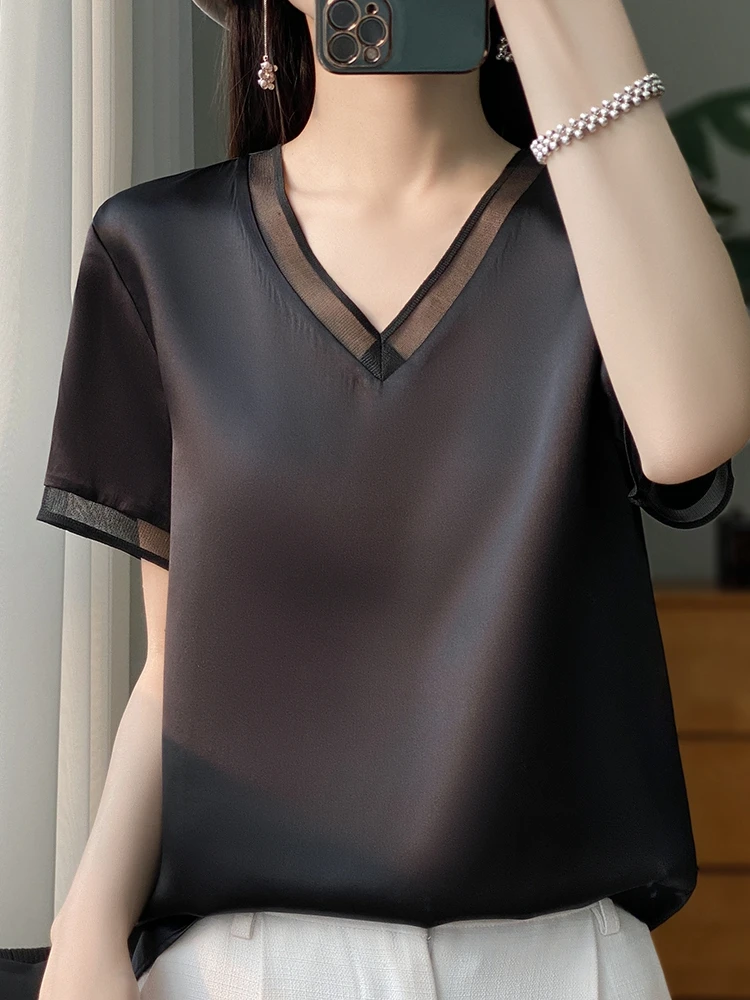 Women silk Oversized T- Shirt V Neck Casual satin Tees Summer Solid Champagne Loose T-Shirt Fashion New Style Elegant DiscountsT