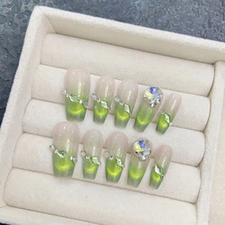 Handmade Press on Nails French Green Cat Eye Fake Nails with Rhinestone Design Wearable Detchable Long Ballet Coffin Fake Nails