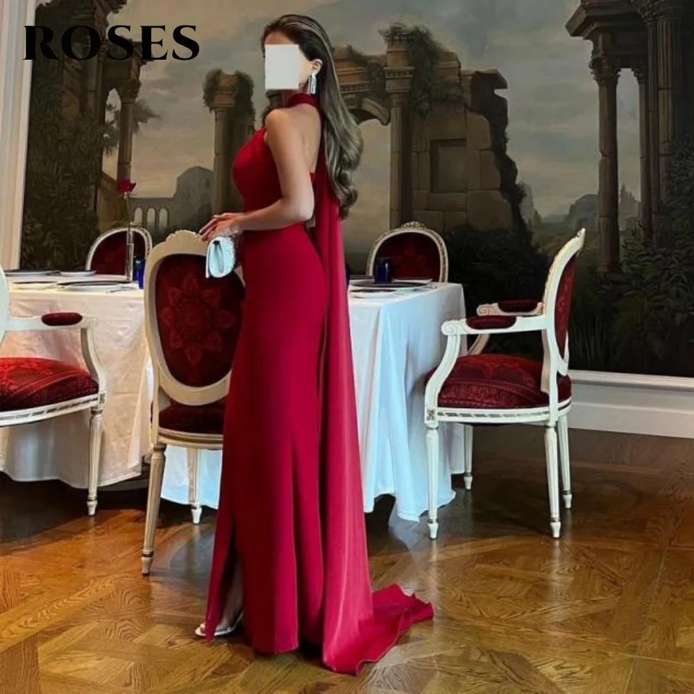Rosas vermelho halter mancha vestido de baile plissados sereia vestidos de celebridades sexy sem mangas vestidos de noite femininos para gala personalizado