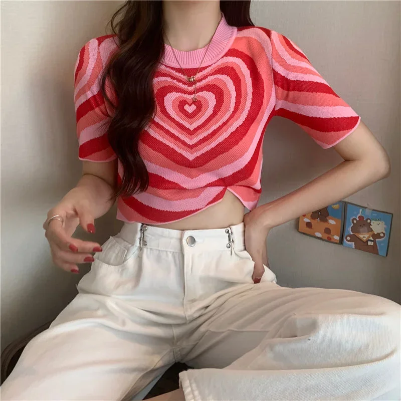 Fashion Knitted Tops Women Korean Style Summer Short Sleeve Love Shape Cute Jumper Spicy Girl Round Neck Sexy Crop Tops Pullover