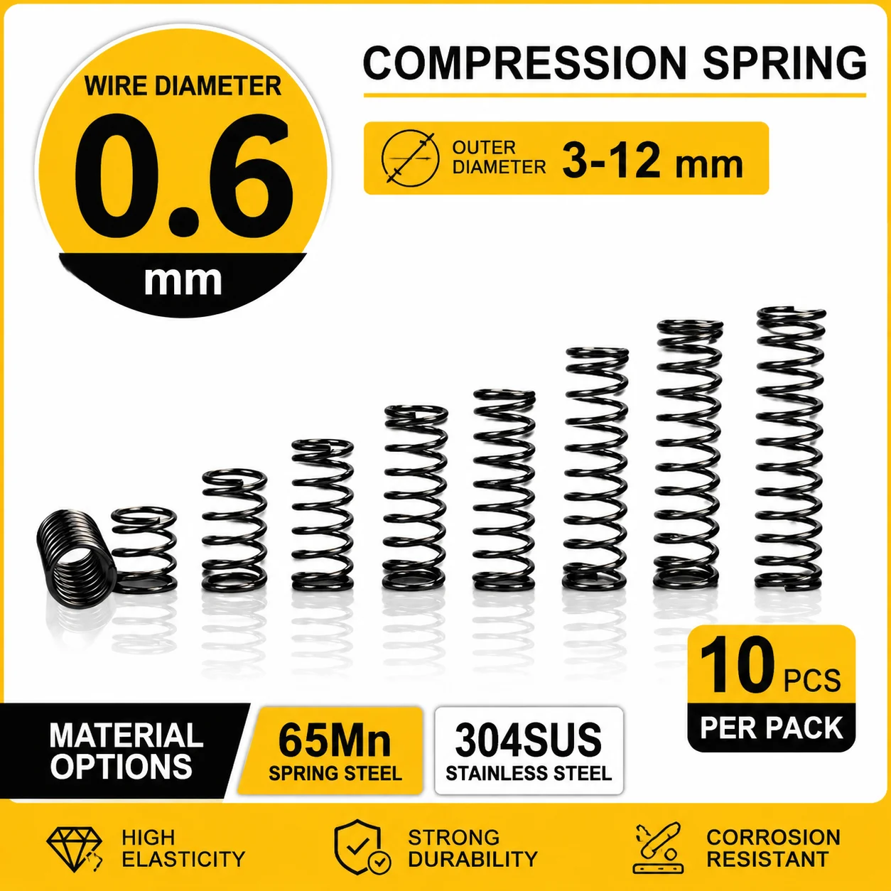 

10Pcs 0.6mm Micro Compression Spring - 304SUS/65MN Spring Steel OD:3-12mm Length: 5-50mm instrument springs