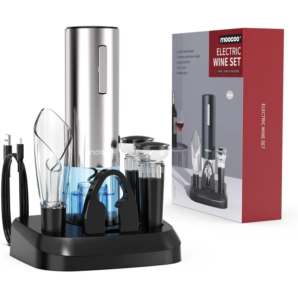 

Electric Wine Opener with Charging Base, Stainless Steel Automatic Corkscrew Opener Set with 2-in-1 Aerator & Pourer, Oil Cutter