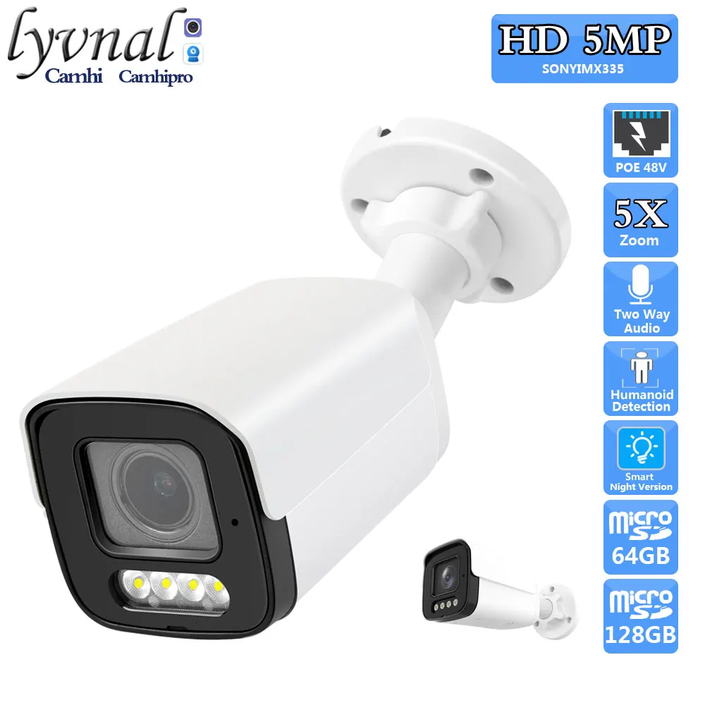 Sonyimx335 5MP Security Surveillance Bullet IP Camera POE 2.7-13.5MM 5X Auto Zoom Two Way Audio Outdoor IR&Color Night Version