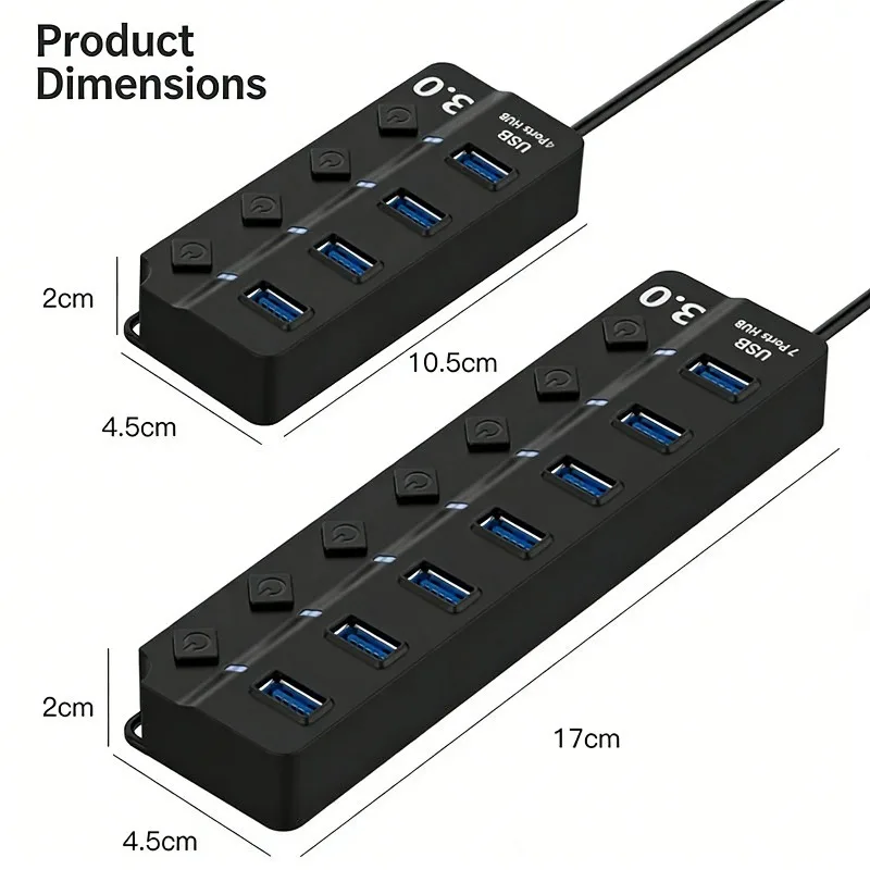 USB 3.0 Hub 4/7 Port with LED Indicator Independent Switch Control for Laptop Flash Drive Hard Disk Printer Camera Keyboard