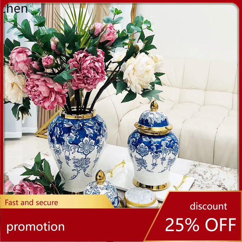 Hxl electroplated gold blue glaze blue and white ceramic general vase model room ornaments