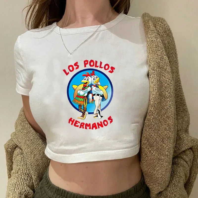 LOS POLLOS Cropped Top Shirt Girl O Neck Short Sexy T-Shirt Tops Summer Sport Jogging Short Sleeves Chicken Brothers Tees